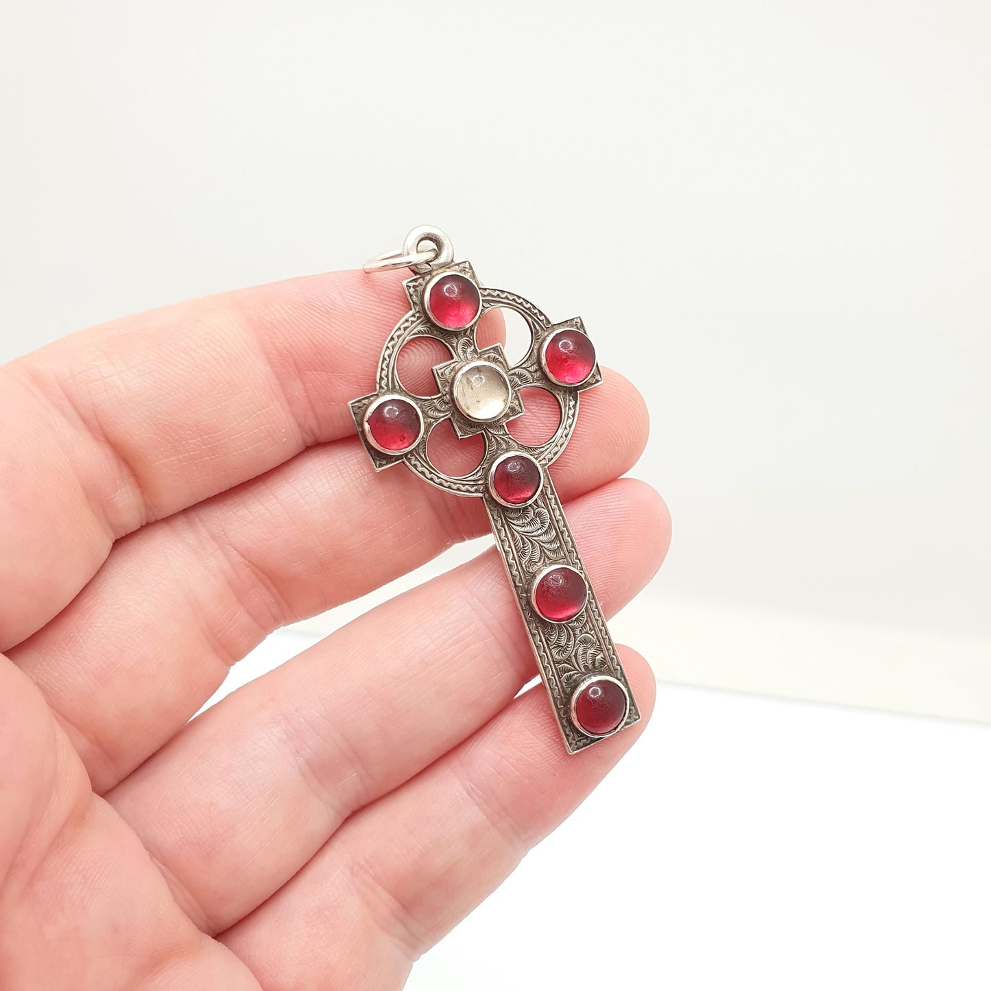 Antique Victorian Solid Silver Celtic Cross Pendant Garnet Paste Necklace Christian Hand Engraved Irish Gaelic Large Jewelry Jewellery