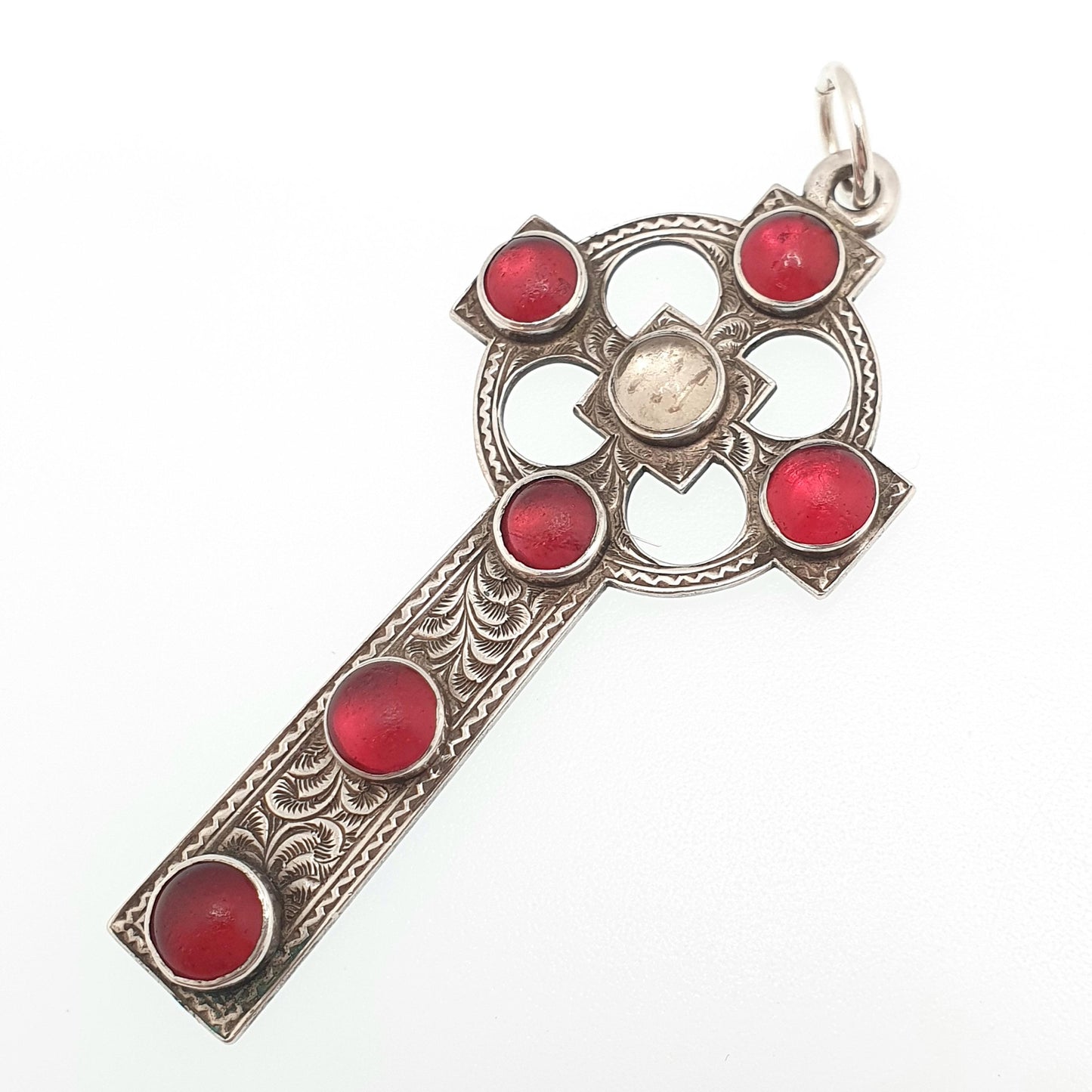 Antique Victorian Solid Silver Celtic Cross Pendant Garnet Paste Necklace Christian Hand Engraved Irish Gaelic Large Jewelry Jewellery