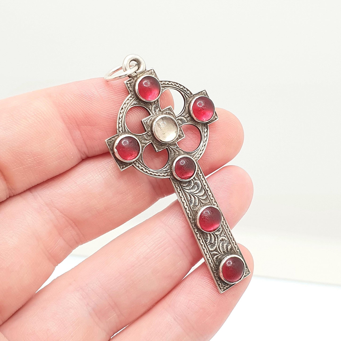 Antique Victorian Solid Silver Celtic Cross Pendant Garnet Paste Necklace Christian Hand Engraved Irish Gaelic Large Jewelry Jewellery