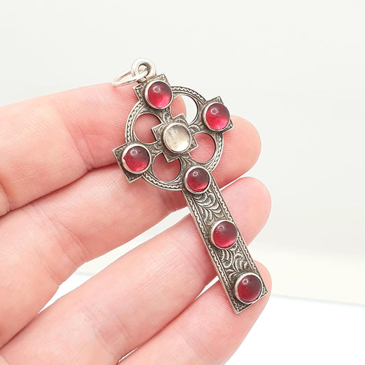 Antique Victorian Solid Silver Celtic Cross Pendant Garnet Paste Necklace Christian Hand Engraved Irish Gaelic Large Jewelry Jewellery