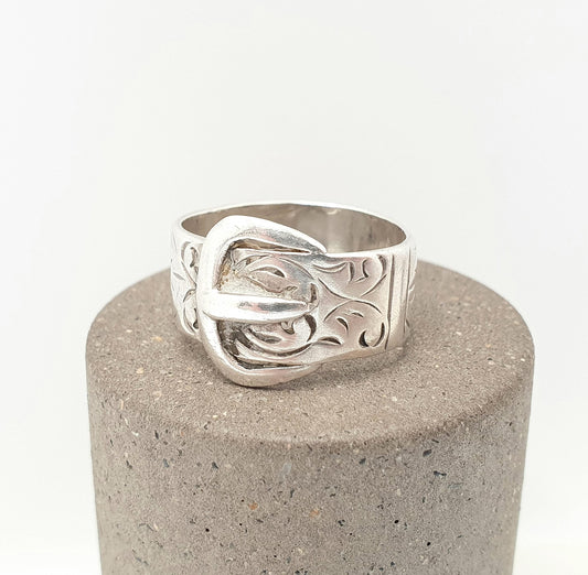 Vintage Sterling Silver Buckle Ring Belt Band Chunky 1977 Solid 925 Victorian Revival Big Large Unisex Womens Mens Jewelry Jewellery