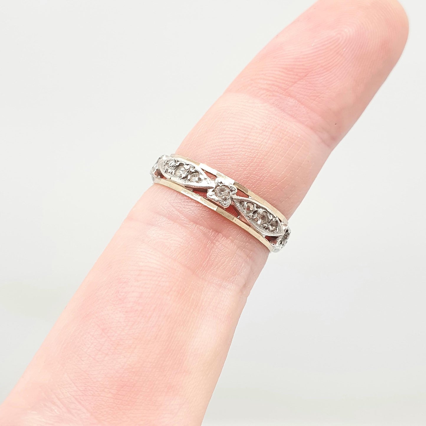 Antique 9ct 9k Gold Sterling Silver Eternity Ring Diamond White Spinel Band Solid 9kt Gold Art Deco Vintage 1920s Womens Jewelry Jewellery