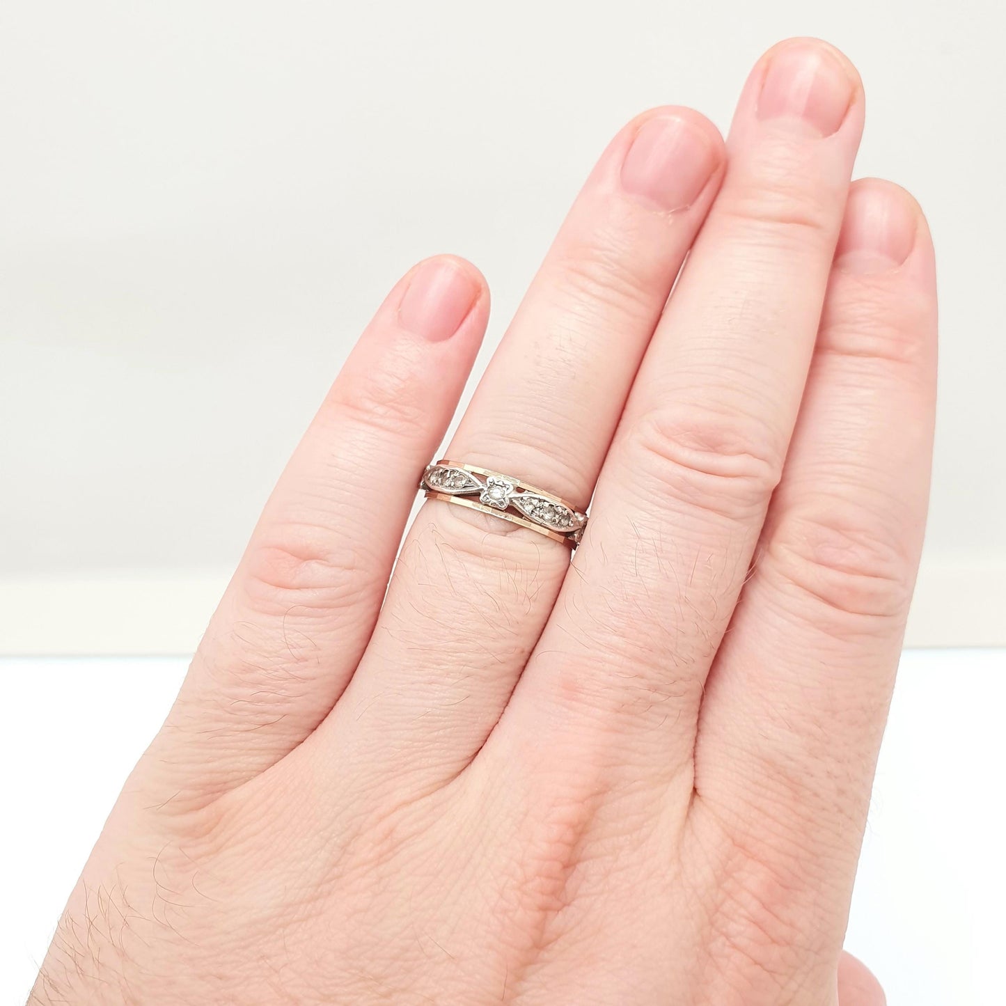 Antique 9ct 9k Gold Sterling Silver Eternity Ring Diamond White Spinel Band Solid 9kt Gold Art Deco Vintage 1920s Womens Jewelry Jewellery