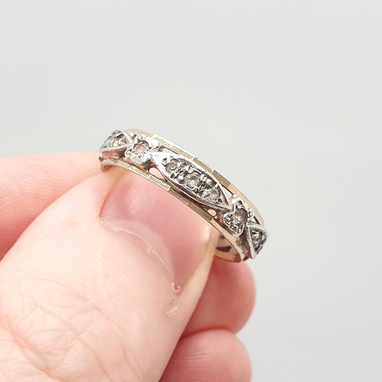 Antique 9ct 9k Gold Sterling Silver Eternity Ring Diamond White Spinel Band Solid 9kt Gold Art Deco Vintage 1920s Womens Jewelry Jewellery