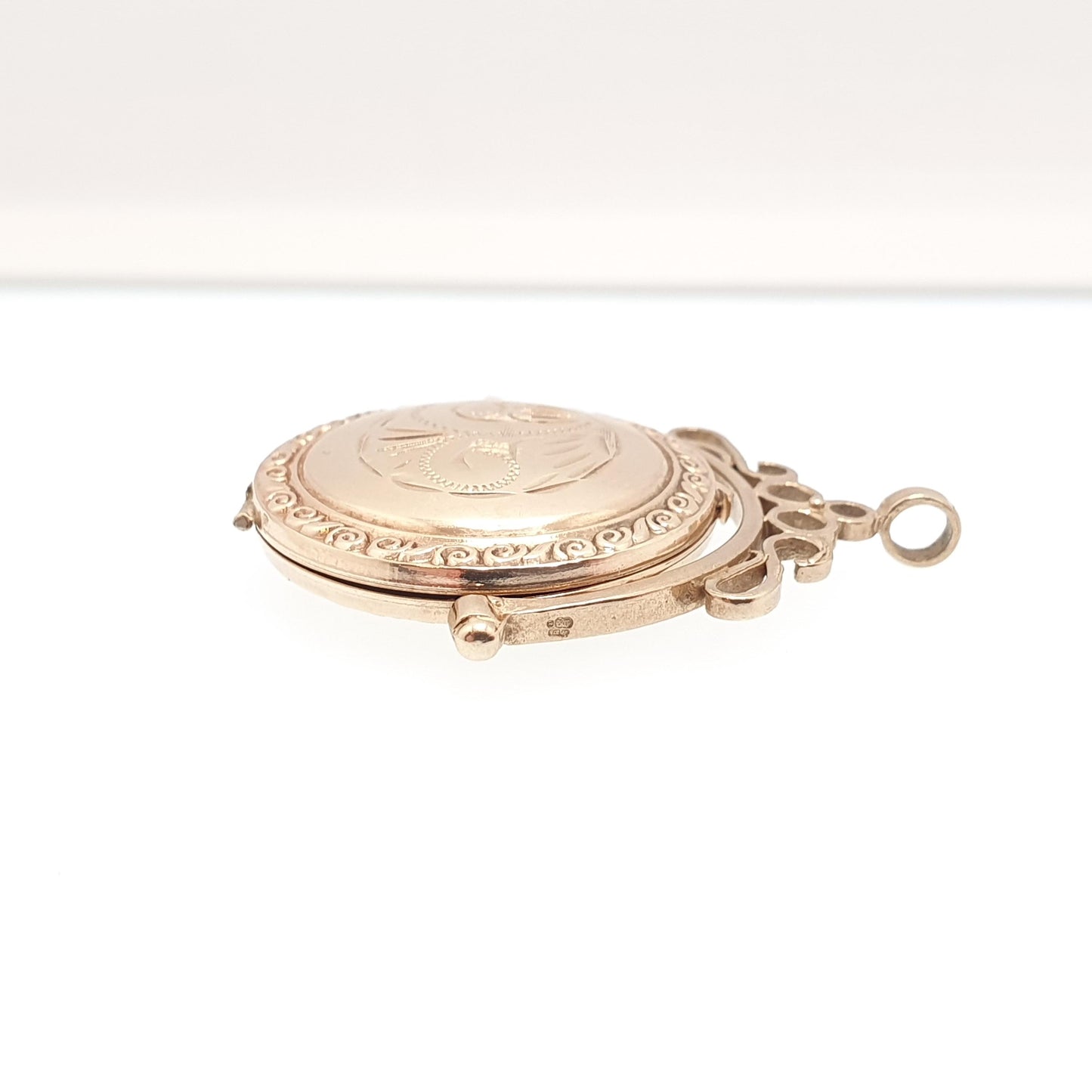 Vintage Solid 9k 9ct Gold Spinner Locket Pendant Fob Necklace Spinning Large Solid 9ct 9 Carat Engraved Photo Picture Retro Womens Jewelry