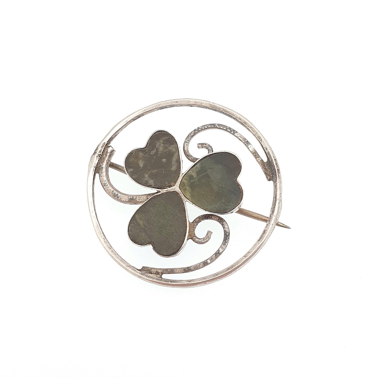 Antique Connemara Clover Brooch Sterling Silver Horseshoe Lucky Irish Three Leaf Green Marble Shamrock Celtic Vintage Jewelry Jewellery