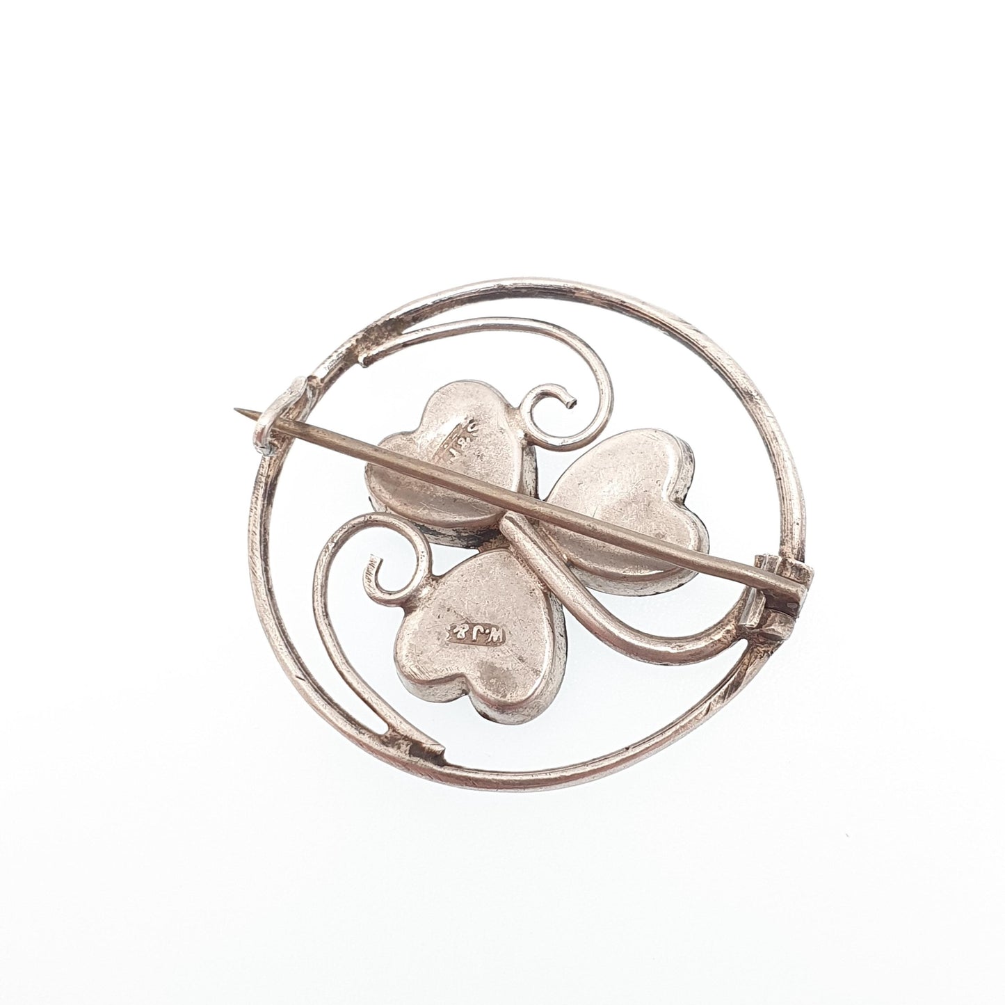 Antique Connemara Clover Brooch Sterling Silver Horseshoe Lucky Irish Three Leaf Green Marble Shamrock Celtic Vintage Jewelry Jewellery