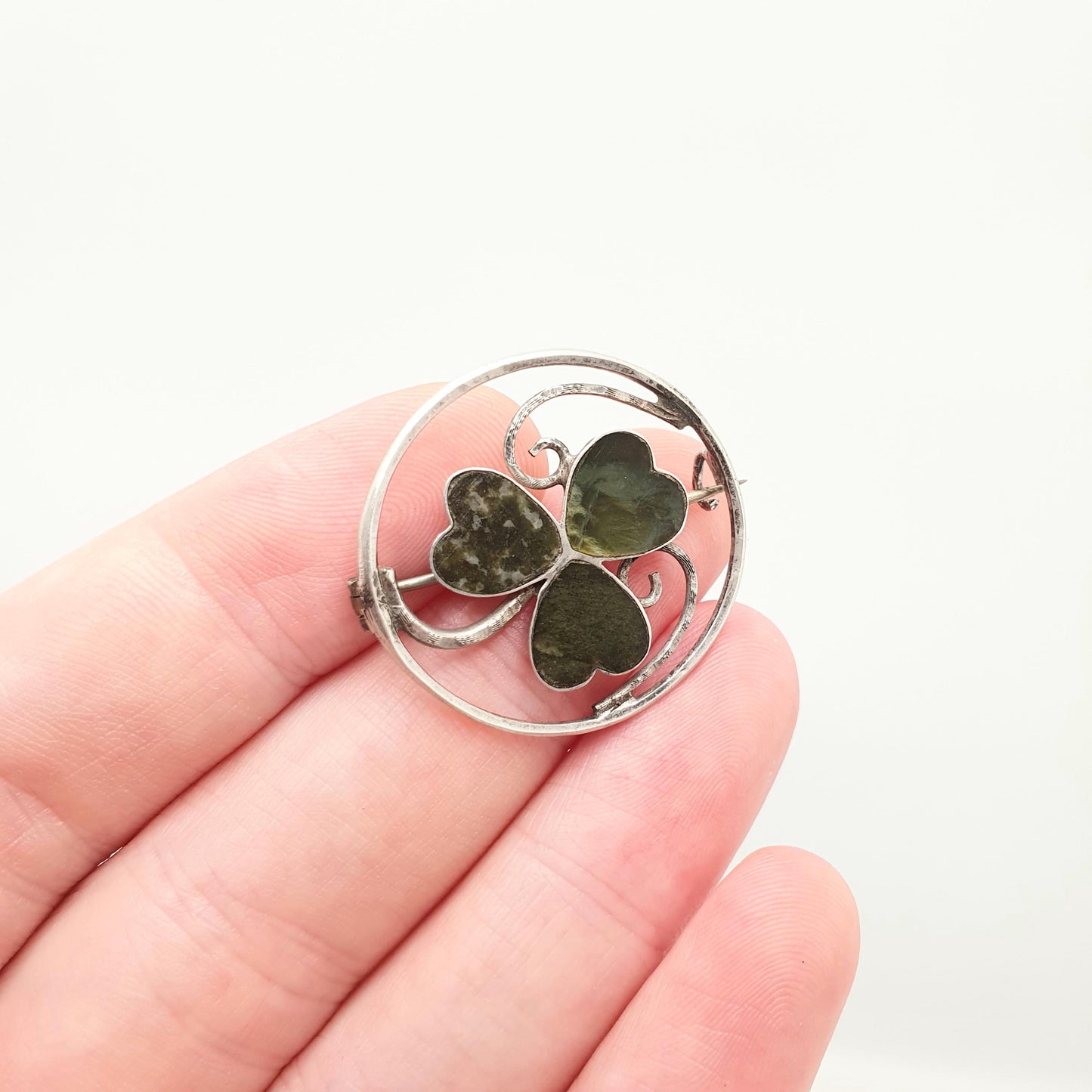 Antique Connemara Clover Brooch Sterling Silver Horseshoe Lucky Irish Three Leaf Green Marble Shamrock Celtic Vintage Jewelry Jewellery