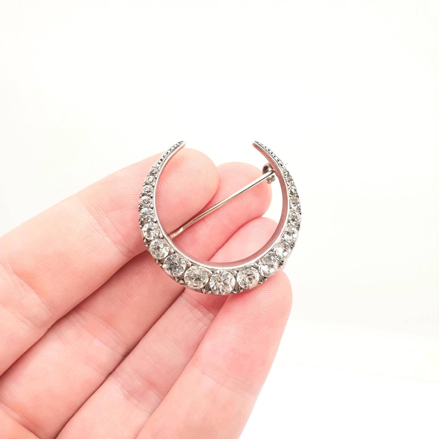 Antique Solid Silver Paste Crescent Moon Brooch PARISIAN DIAMOND COMPANY Star Victorian Night Sparkly Celestial Jewelry Jewellery Vintage