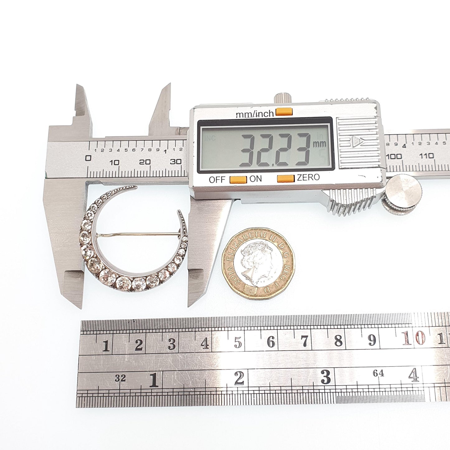 Antique Solid Silver Paste Crescent Moon Brooch PARISIAN DIAMOND COMPANY Star Victorian Night Sparkly Celestial Jewelry Jewellery Vintage