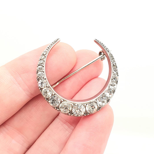 Antique Solid Silver Paste Crescent Moon Brooch PARISIAN DIAMOND COMPANY Star Victorian Night Sparkly Celestial Jewelry Jewellery Vintage