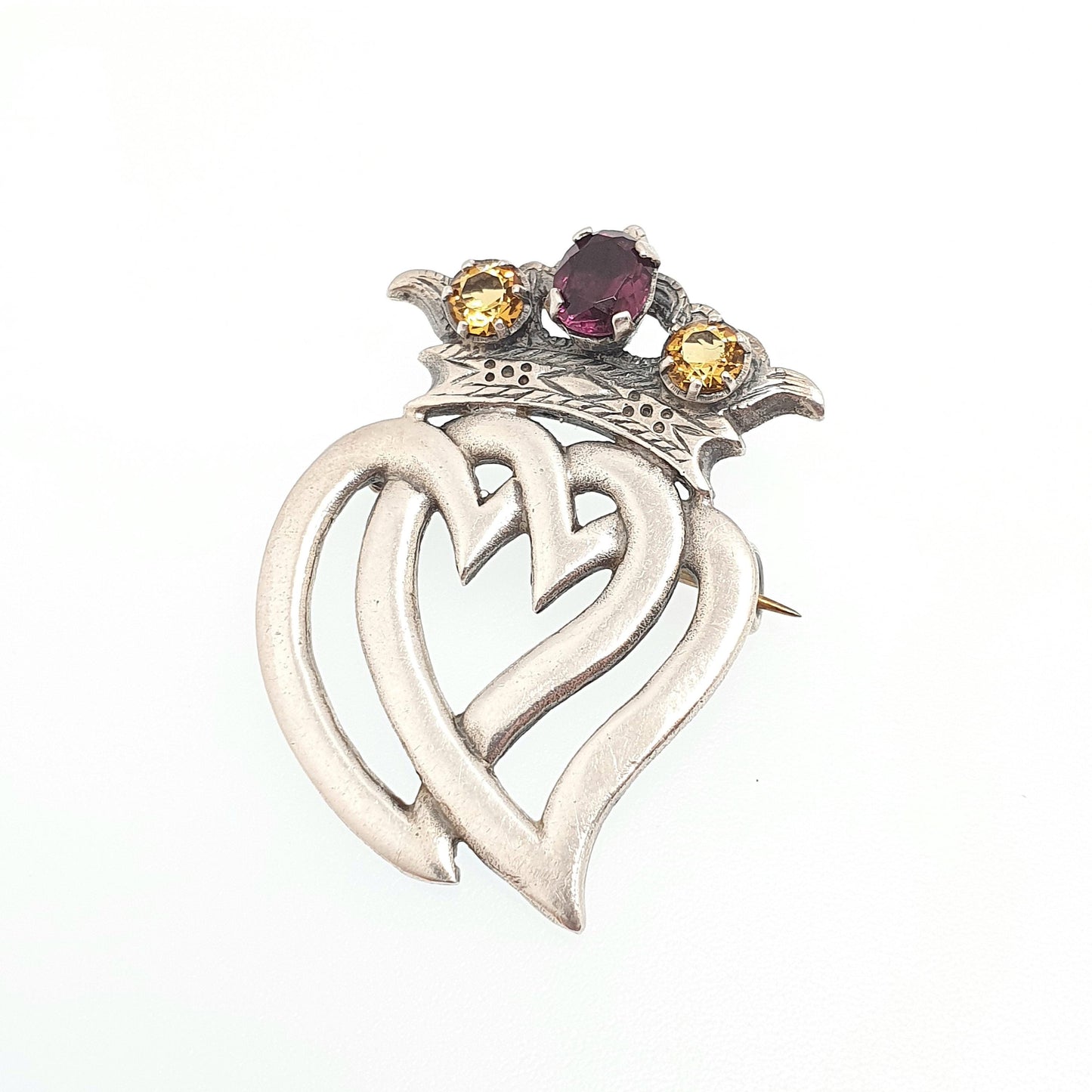 Old Vintage Sterling Silver Luckenbooth Brooch Scottish Amethyst Citrine Paste 1954 Hallmarked Heart Crown Pin Claddagh