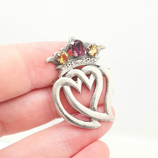 Old Vintage Sterling Silver Luckenbooth Brooch Scottish Amethyst Citrine Paste 1954 Hallmarked Heart Crown Pin Claddagh