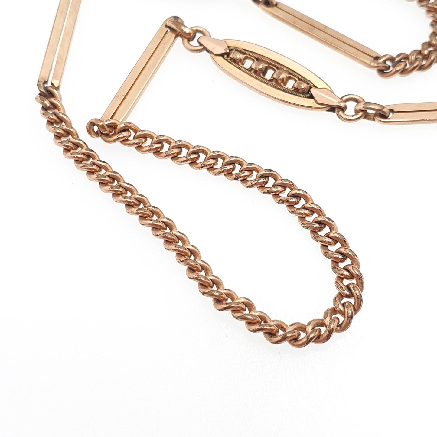 Antique Rolled Rose Gold Chain Necklace Dog Clip Albert Chain Fancy Curb Link 42cm 16.5" 15.20g Gold Filled Womens Vintage Jewelry Jewellery