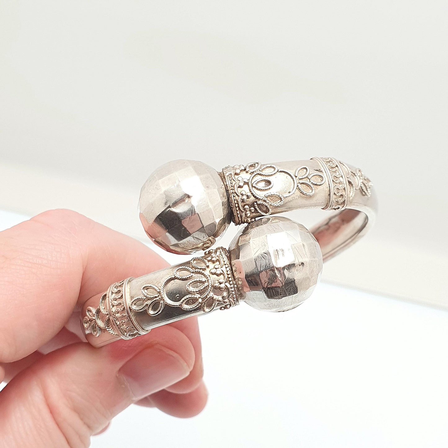 Antique Victorian Solid Silver Bypass Bangle Crossover Bracelet Bauble Filigree 1800s Fine Vintage Jewelry Jewellery