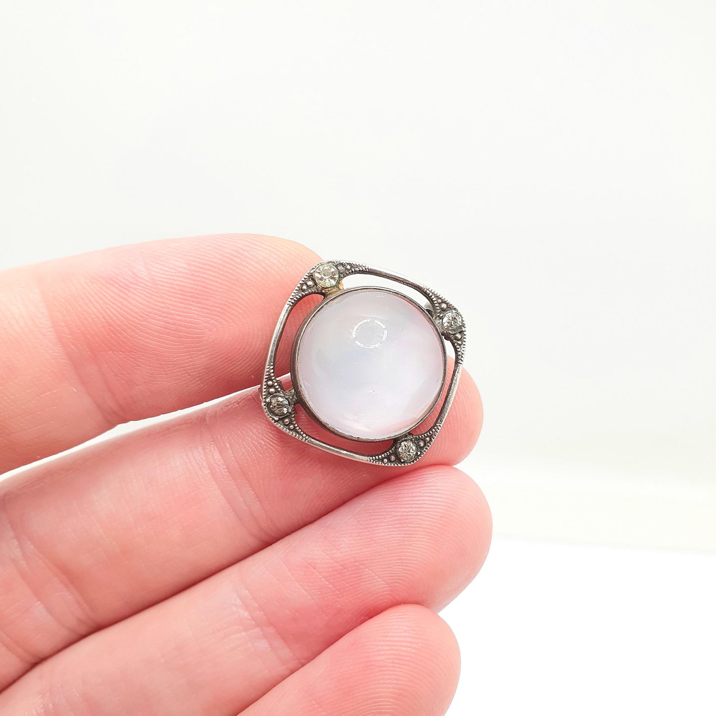 Antique Moonstone Sterling Silver Brooch Diamond Paste Cabochon Cut Edwardian Gemstone Vintage Adularescence Jewelry Jewellery