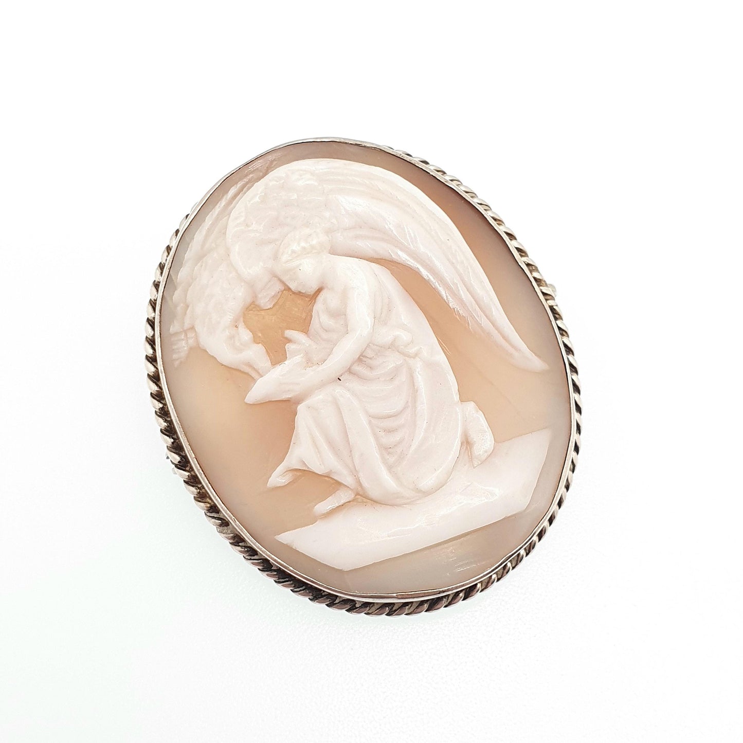 Antique Solid Silver Cameo Brooch: Hand Carved Shell Eagle, 1920s Art Deco, Large Vintage Jewelry