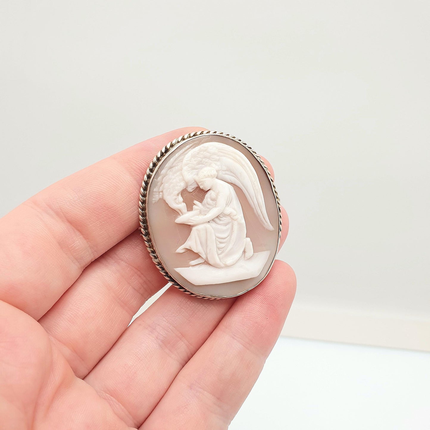 Antique Solid Silver Cameo Brooch: Hand Carved Shell Eagle, 1920s Art Deco, Large Vintage Jewelry