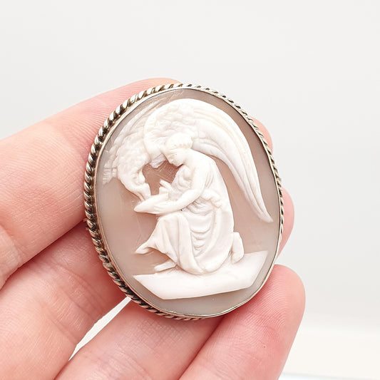 Antique Solid Silver Cameo Brooch: Hand Carved Shell Eagle, 1920s Art Deco, Large Vintage Jewelry