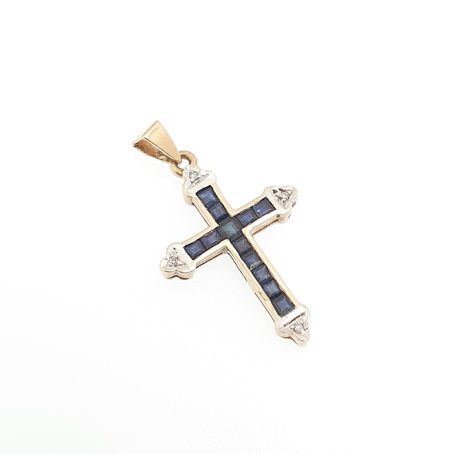 Vintage 9k 9ct Gold Sapphire & Diamond Cross Crucifix Necklace Pendant Solid 375 9kt Square Cut Channel Set Jewelry Jewellery