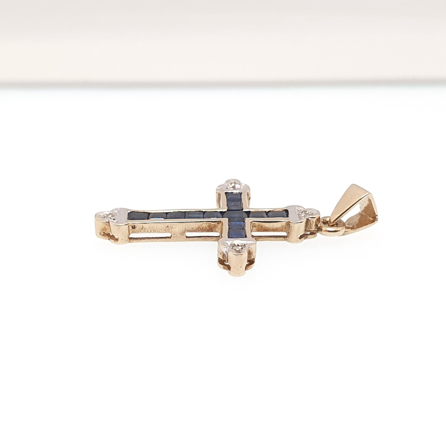Vintage 9k 9ct Gold Sapphire & Diamond Cross Crucifix Necklace Pendant Solid 375 9kt Square Cut Channel Set Jewelry Jewellery
