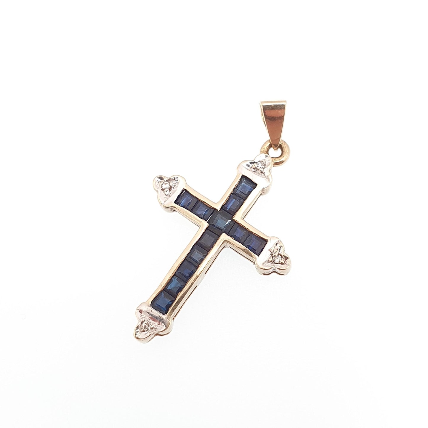 Vintage 9k 9ct Gold Sapphire & Diamond Cross Crucifix Necklace Pendant Solid 375 9kt Square Cut Channel Set Jewelry Jewellery
