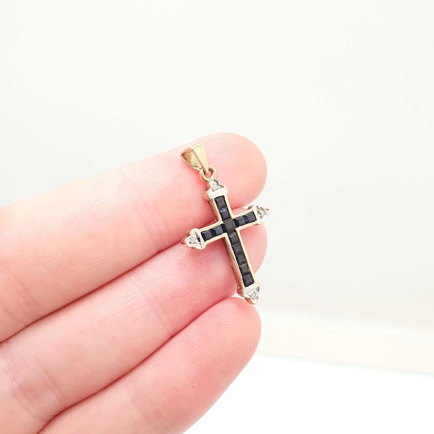 Vintage 9k 9ct Gold Sapphire & Diamond Cross Crucifix Necklace Pendant Solid 375 9kt Square Cut Channel Set Jewelry Jewellery
