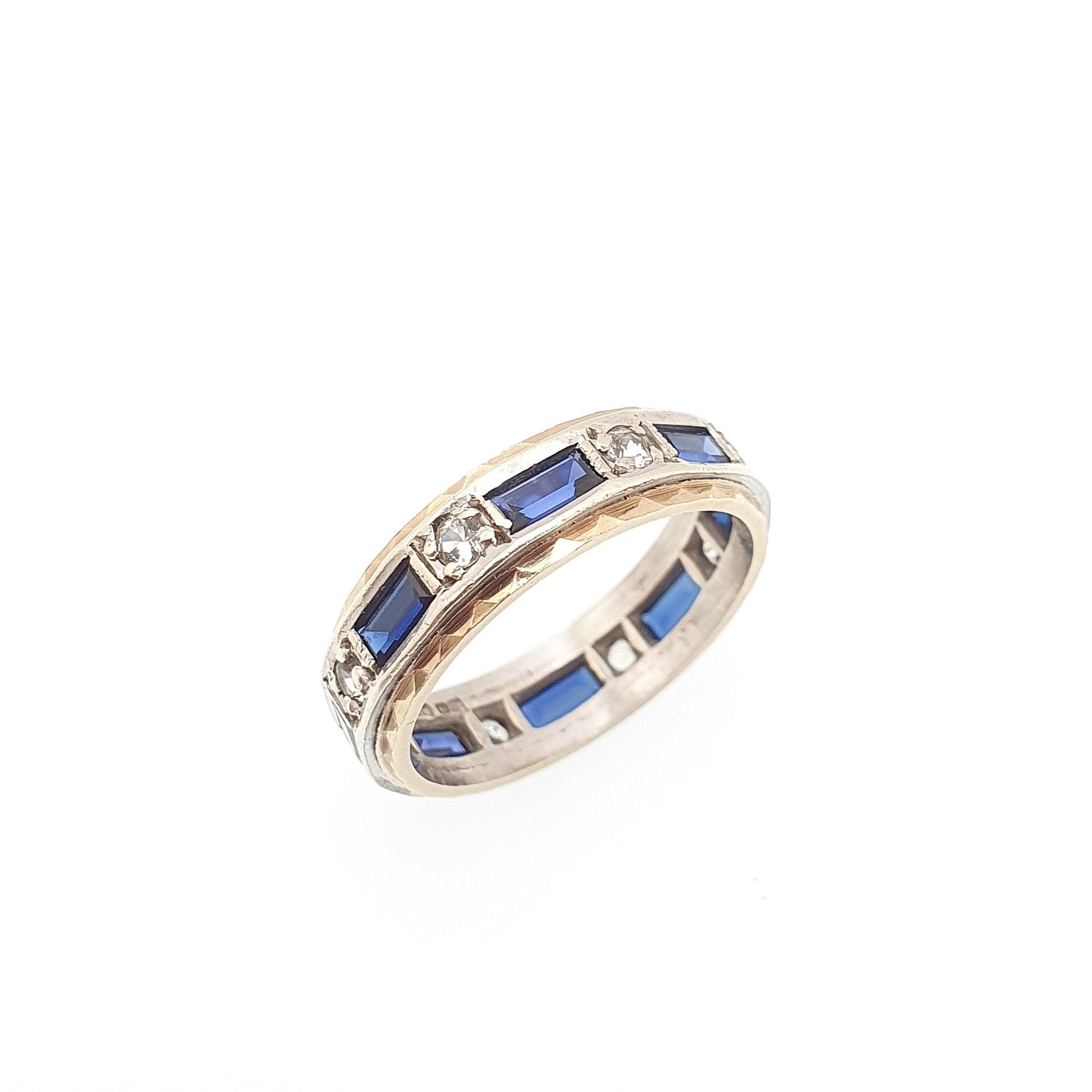 Vintage 9ct Gold Sapphire Eternity Ring White Spinel Baguette Cut Full Band Gemstone Solid 9k 375 Womens Jewelry Jewellery