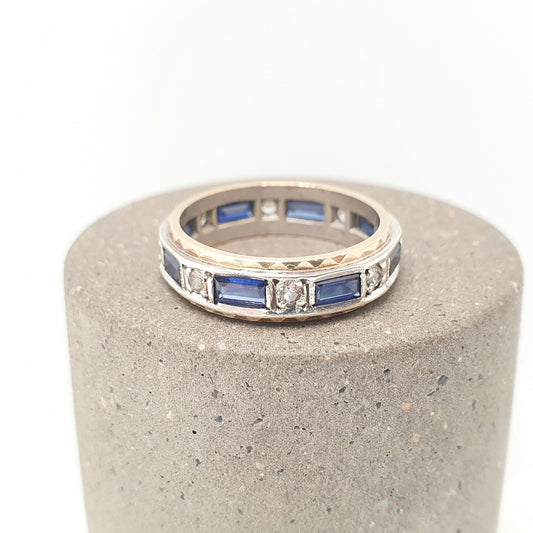 Vintage 9ct Gold Sapphire Eternity Ring White Spinel Baguette Cut Full Band Gemstone Solid 9k 375 Womens Jewelry Jewellery