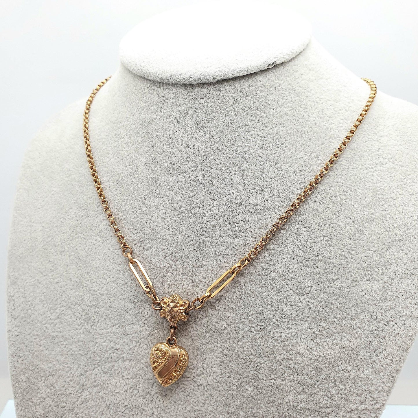 Antique Victorian Gold Gilt Heart Y Necklace Chain Pendant 45cm 17.7" Belcher Links Barrel Clasp 1800s Vintage Womens Jewelry Jewellery