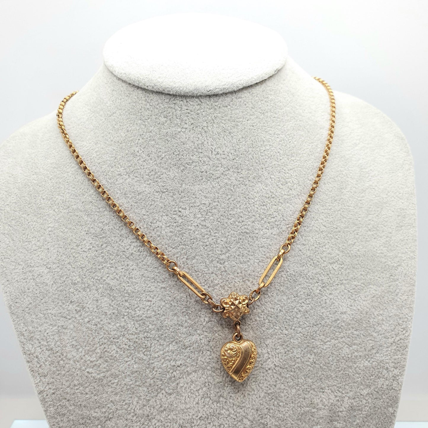 Antique Victorian Gold Gilt Heart Y Necklace Chain Pendant 45cm 17.7" Belcher Links Barrel Clasp 1800s Vintage Womens Jewelry Jewellery
