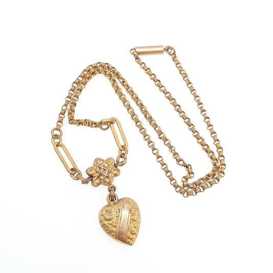 Antique Victorian Gold Gilt Heart Y Necklace Chain Pendant 45cm 17.7" Belcher Links Barrel Clasp 1800s Vintage Womens Jewelry Jewellery