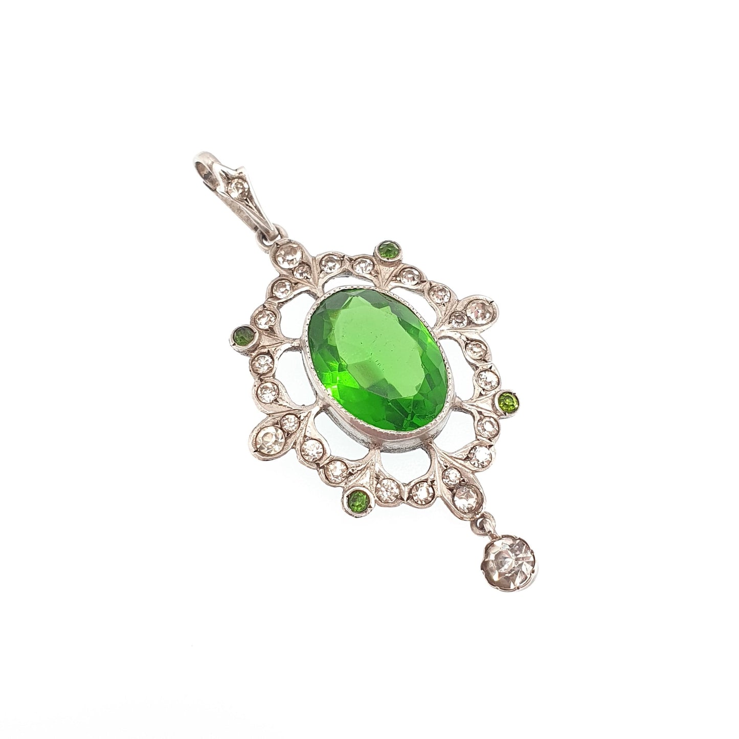 Antique Victorian Solid Silver Diamond Emerald Paste Necklace Pendant Box Wreath Art Nouveau Old Cut Ornate Sparkly Jewellery Jewelry