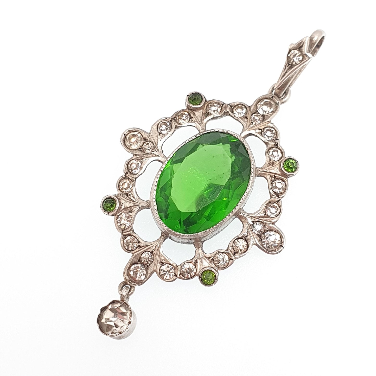 Antique Victorian Solid Silver Diamond Emerald Paste Necklace Pendant Box Wreath Art Nouveau Old Cut Ornate Sparkly Jewellery Jewelry