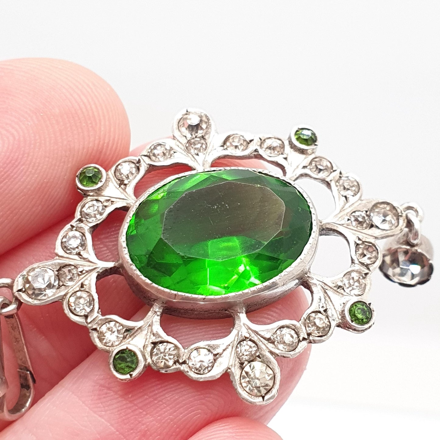 Antique Victorian Solid Silver Diamond Emerald Paste Necklace Pendant Box Wreath Art Nouveau Old Cut Ornate Sparkly Jewellery Jewelry