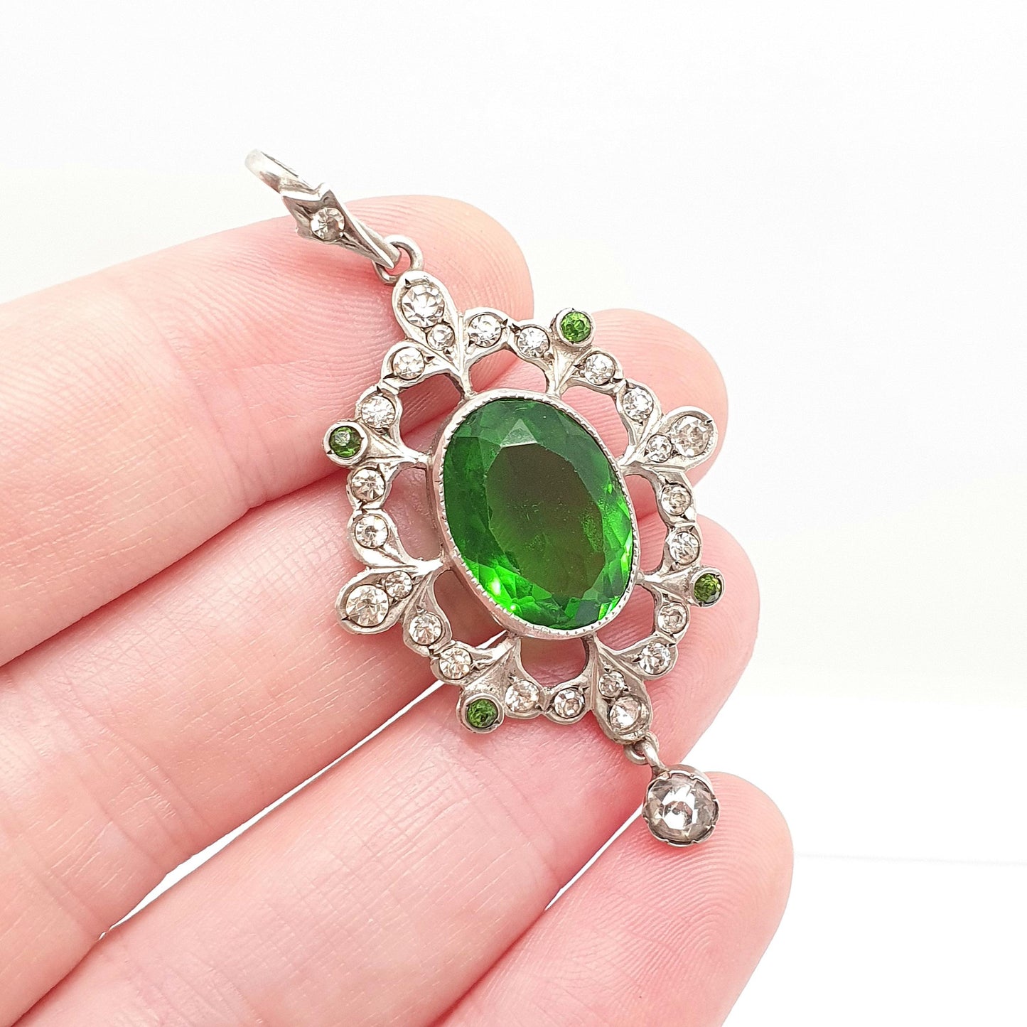 Antique Victorian Solid Silver Diamond Emerald Paste Necklace Pendant Box Wreath Art Nouveau Old Cut Ornate Sparkly Jewellery Jewelry