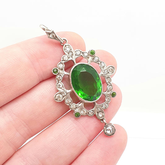 Antique Victorian Solid Silver Diamond Emerald Paste Necklace Pendant Box Wreath Art Nouveau Old Cut Ornate Sparkly Jewellery Jewelry