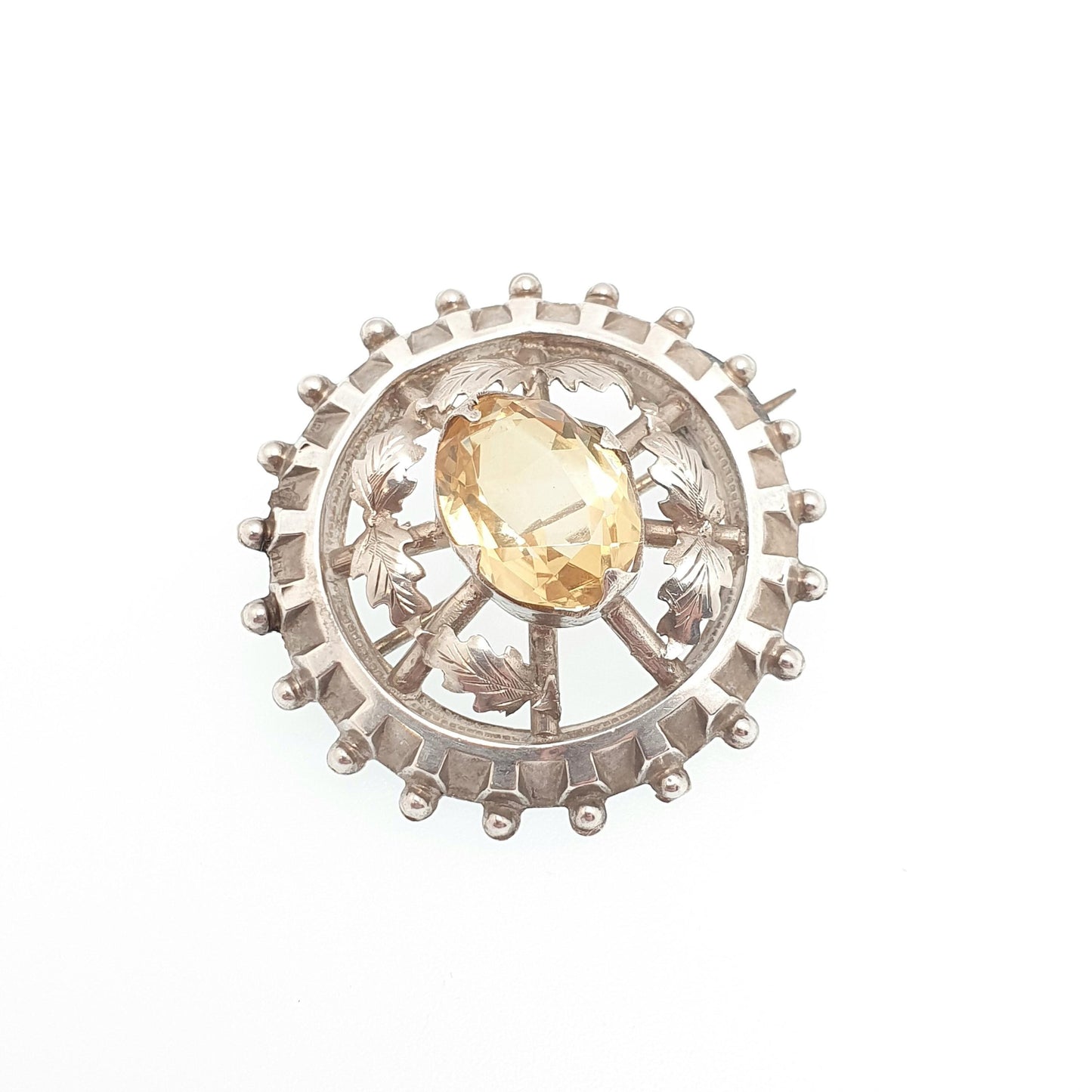 Antique Victorian Solid Silver Citrine Brooch Genuine Gemstone Etruscan Leaf Border Oval Cut Quartz Pin Vintage Womens Jewelry Jewellery