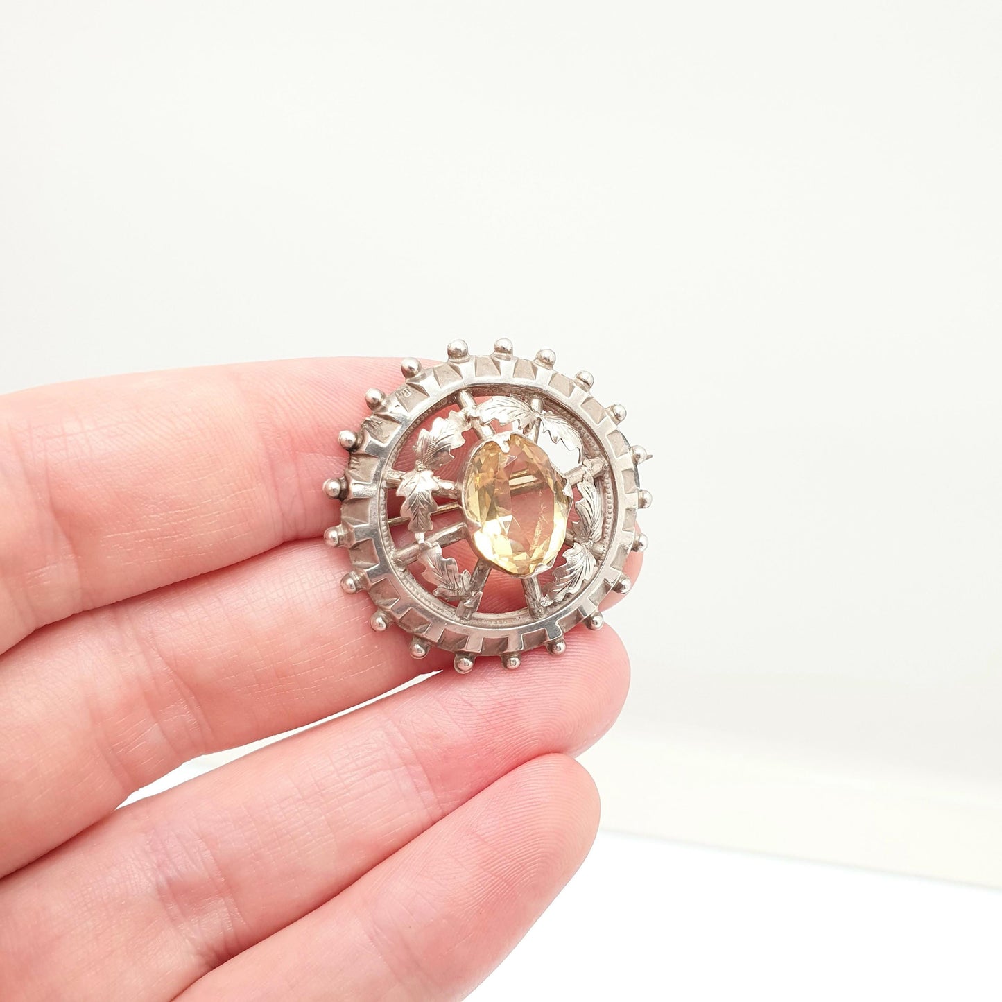 Antique Victorian Solid Silver Citrine Brooch Genuine Gemstone Etruscan Leaf Border Oval Cut Quartz Pin Vintage Womens Jewelry Jewellery