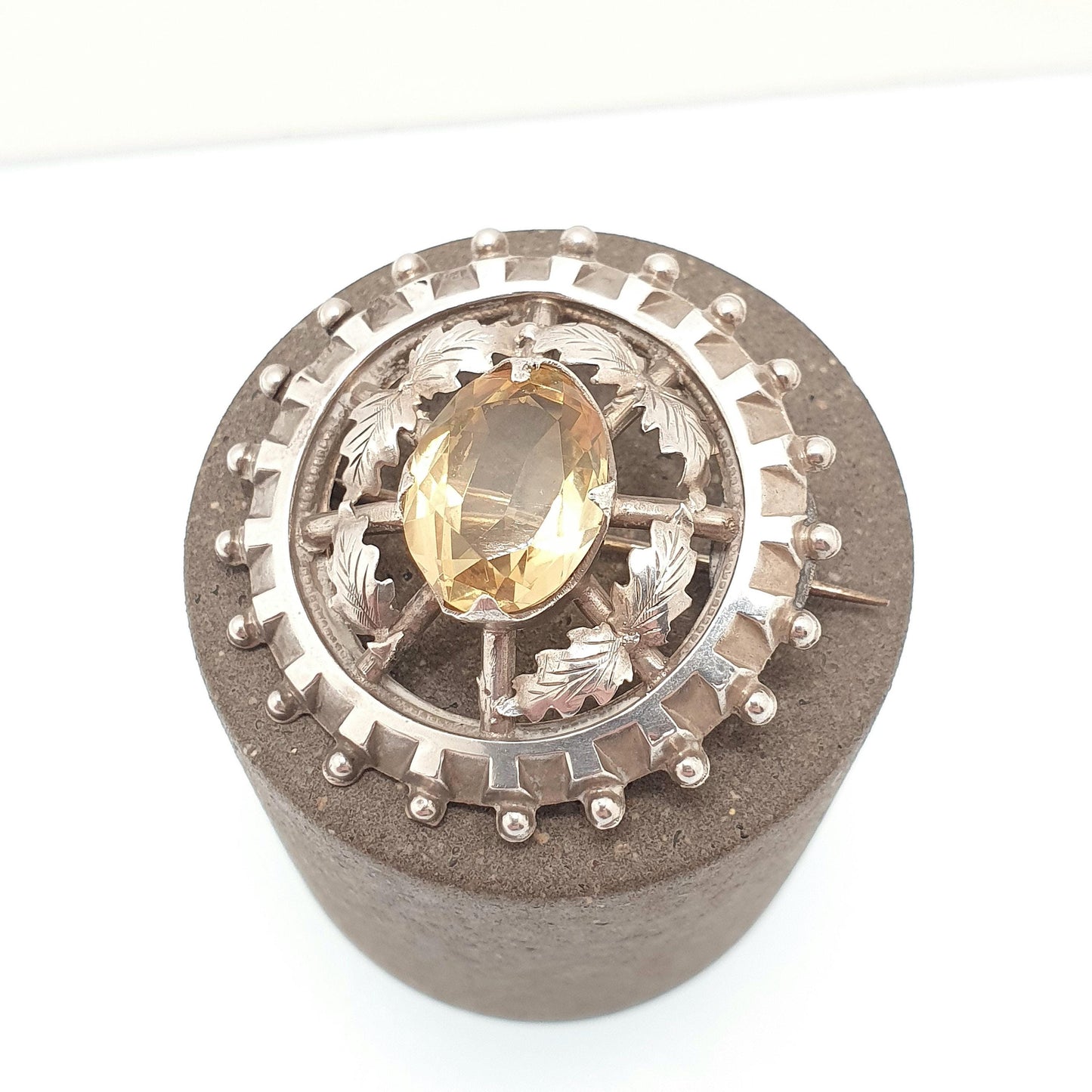 Antique Victorian Solid Silver Citrine Brooch Genuine Gemstone Etruscan Leaf Border Oval Cut Quartz Pin Vintage Womens Jewelry Jewellery