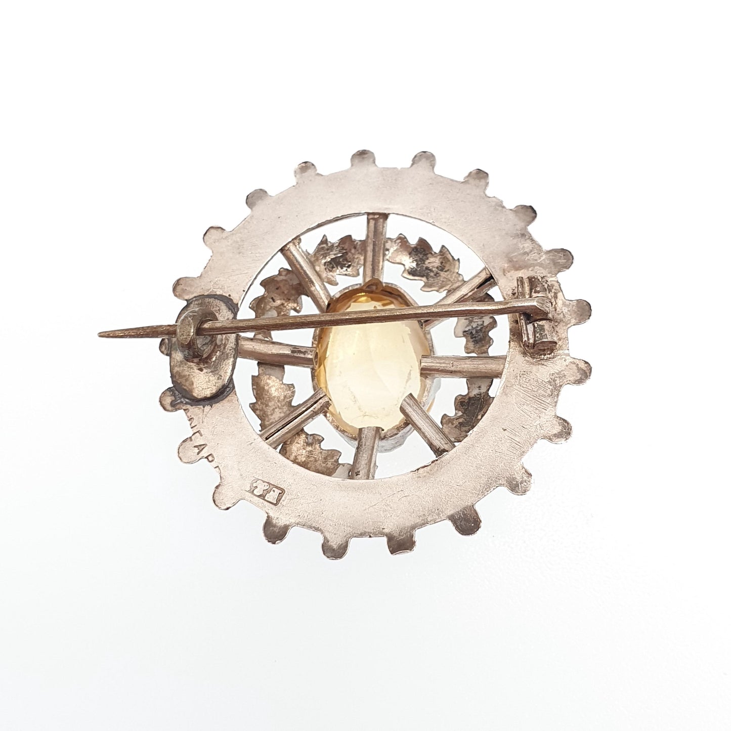 Antique Victorian Solid Silver Citrine Brooch Genuine Gemstone Etruscan Leaf Border Oval Cut Quartz Pin Vintage Womens Jewelry Jewellery