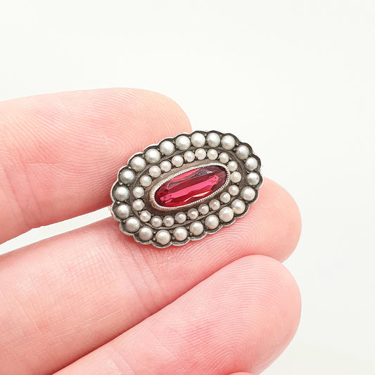 Antique Solid Silver Ruby Paste Brooch Victorian Seed Pearl Oval Shape Genuine 1800s Rare Unique Vintage Womens Ladies Jewelry Jewellery