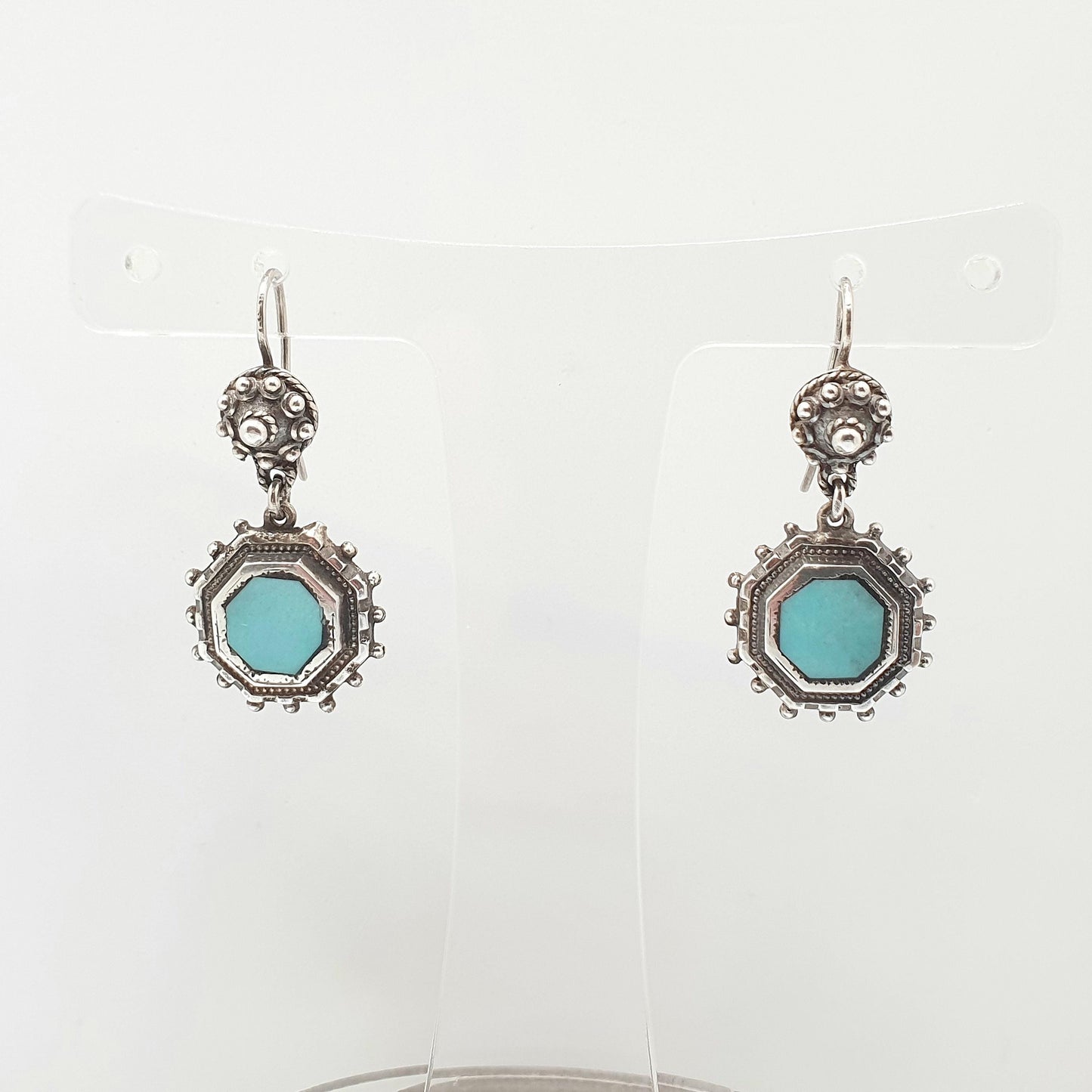 Antique Victorian Solid Silver Turquoise Glass Earrings Dangle Large Hook Pendulum Etruscan Genuine Vintage Womens Jewelry Jewellery