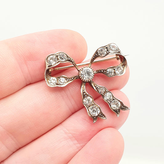 Antique Victorian Paste Solid Silver Bow Brooch PARISIAN DIAMOND COMPANY Ribbon Diamond Pastes 1800s Womens Jewelry Jewellery Vintage