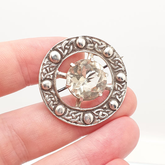 Old Vintage Sterling Silver Citrine Brooch Pin ROBERT ALLISON 1951 Scottish Celtic Large Gemstone Engraved Solid 925 Jewelry Jewellery