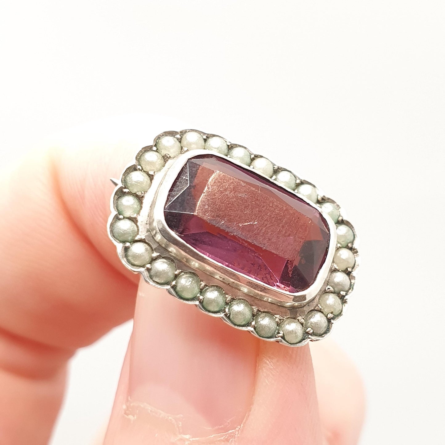 Antique Solid Silver Amethyst Paste Brooch Victorian Seed Pearl Rectangular 1800s Vintage Womens Jewelry Jewellery