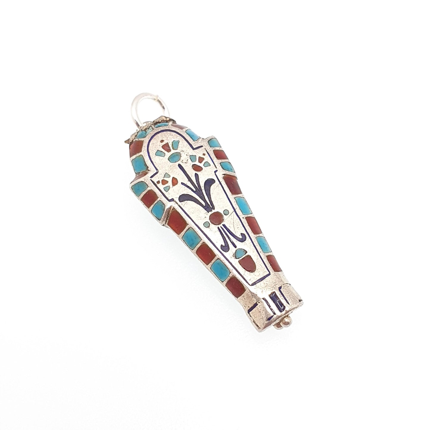 Antique Solid Silver Sarcophagus Charm Pendant Enamel Large Egyptian Revival Necklace Locket Pharaoh Art Deco 1920s