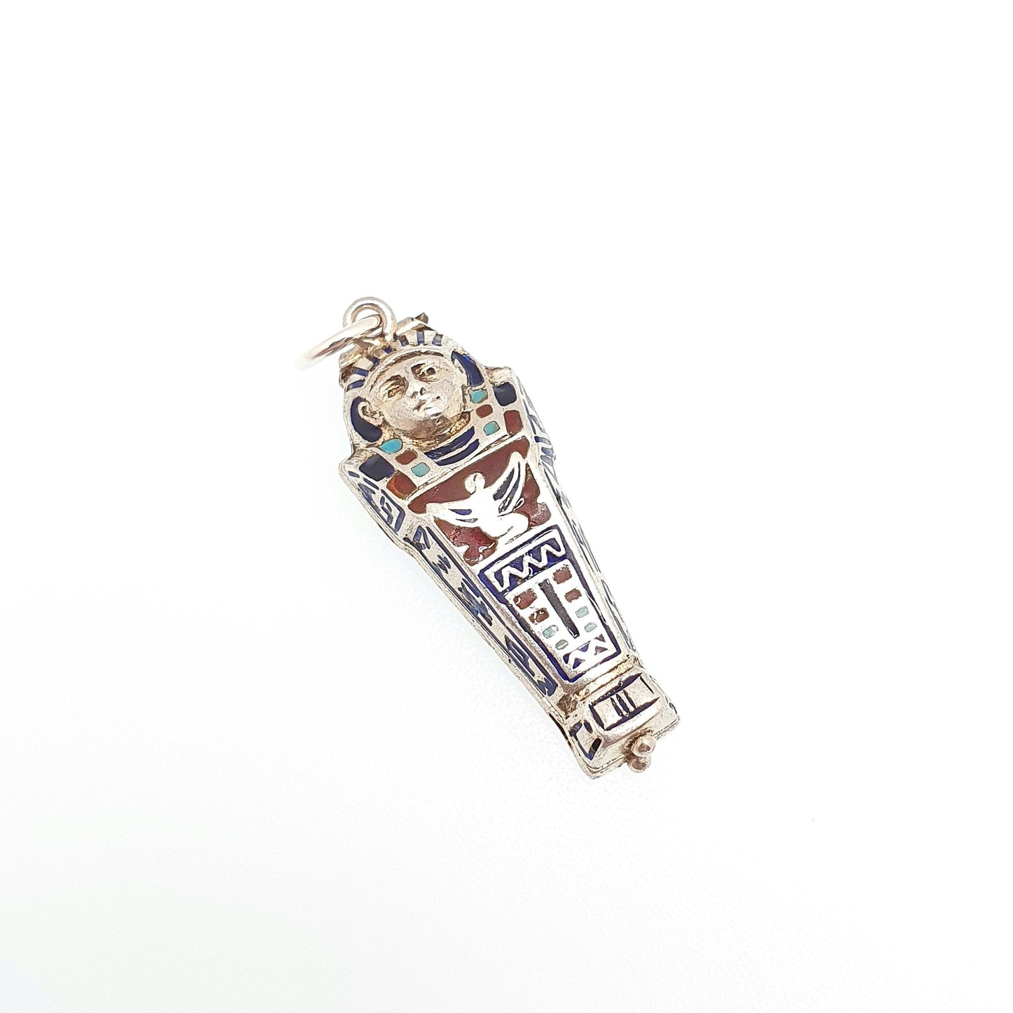 Antique Solid Silver Sarcophagus Charm Pendant Enamel Large Egyptian Revival Necklace Locket Pharaoh Art Deco 1920s