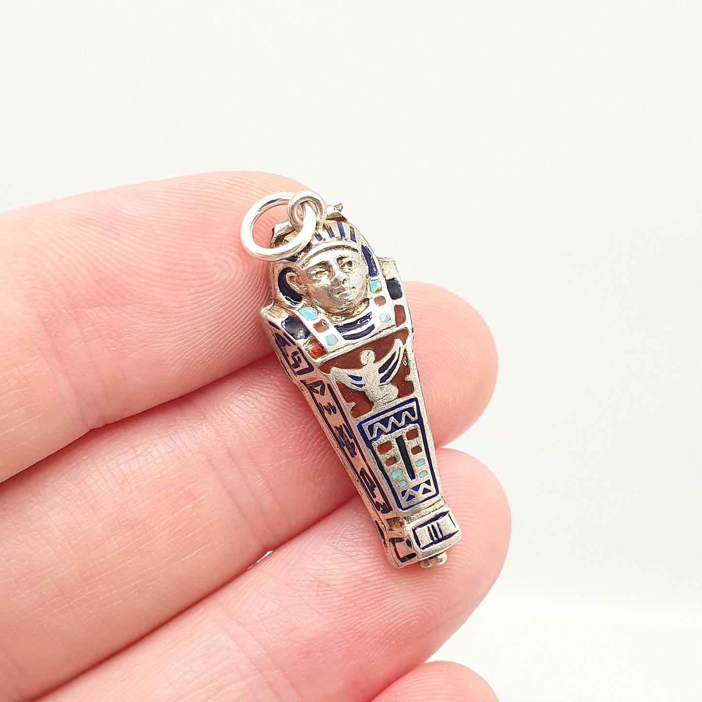 Antique Solid Silver Sarcophagus Charm Pendant Enamel Large Egyptian Revival Necklace Locket Pharaoh Art Deco 1920s