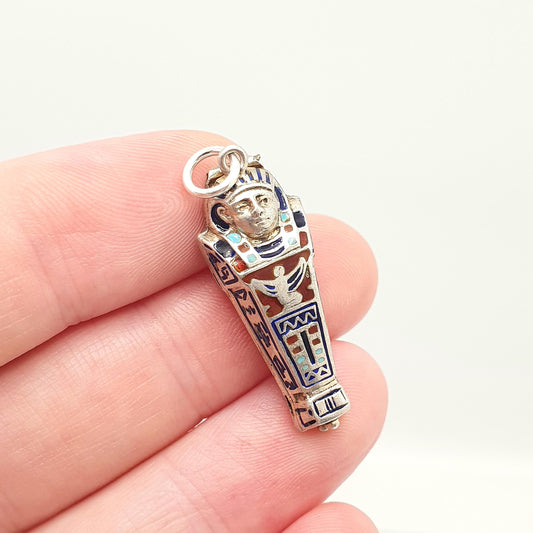 Antique Solid Silver Sarcophagus Charm Pendant Enamel Large Egyptian Revival Necklace Locket Pharaoh Art Deco 1920s